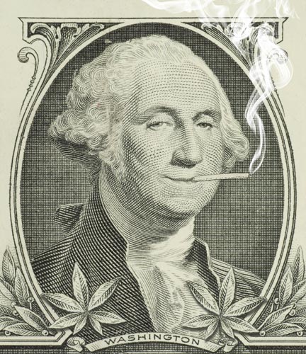 George Washington smoking a joint with pot leaves along the bottom of a dollar bill