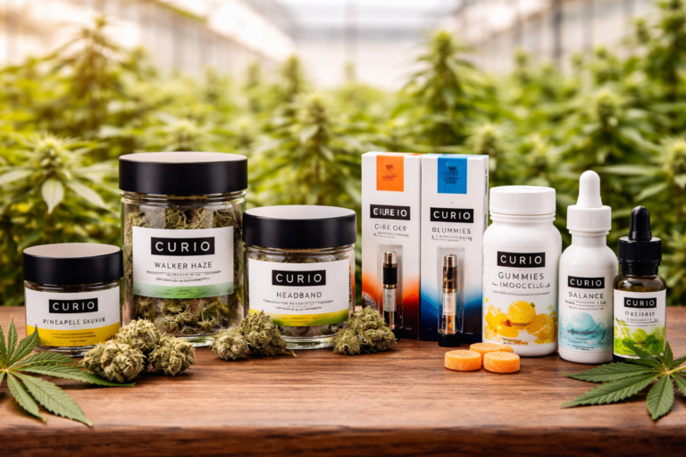 High-quality display of Curio cannabis products including flower jars, vape cartridges, gummies, and tinctures arranged on a wooden table with a greenhouse background.