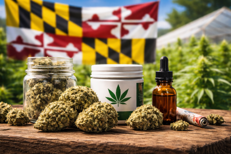 Cannabis buds, jar, container, dropper bottle, and pre-roll displayed on a wooden surface with a blurred Maryland flag in the background.