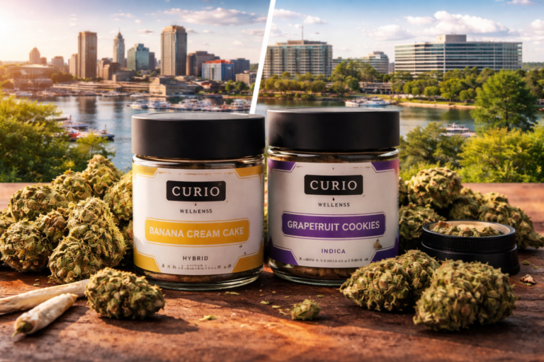 Close-up of Curio Wellness cannabis jars with buds and pre-rolls on a wooden surface, set against Baltimore Inner Harbor and Columbia waterfront backgrounds.