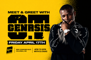 Promotional poster featuring O.T. Genasis for a meet-and-greet event at Remedy Columbia, with a bold yellow background, event details, and artist portrait.