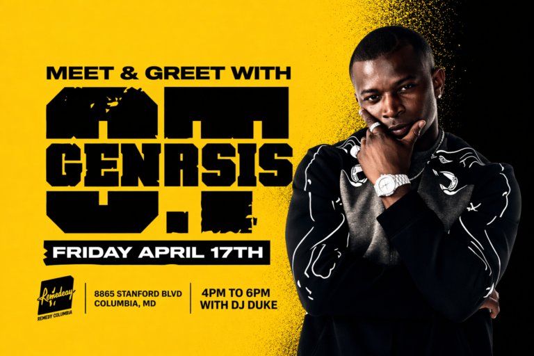 Promotional poster featuring O.T. Genasis for a meet-and-greet event at Remedy Columbia, with a bold yellow background, event details, and artist portrait.