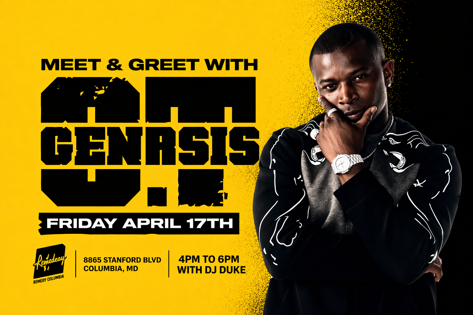 Promotional poster featuring O.T. Genasis for a meet-and-greet event at Remedy Columbia, with a bold yellow background, event details, and artist portrait.