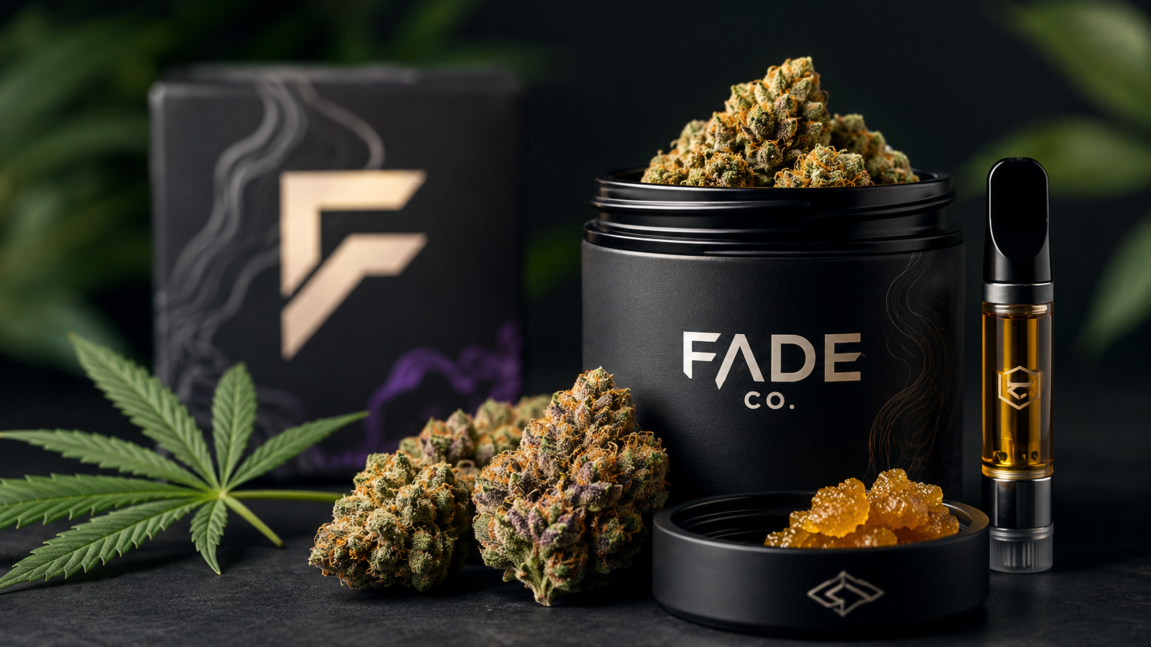 Close-up featured image of Fade Co. cannabis products including premium flower, vape cartridge, and concentrates displayed on a dark background with modern branding and dramatic lighting.