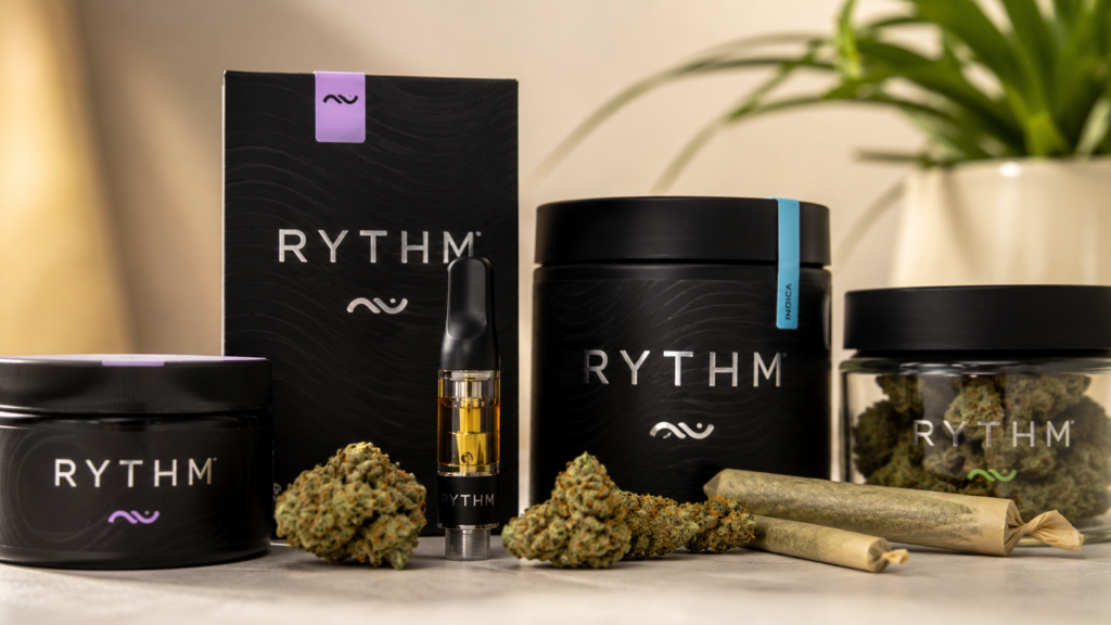 **Alt text:** Premium Rythm cannabis products including flower, pre-rolls, and vape cartridges displayed on a clean surface, representing recreational and medical cannabis options available in Maryland.