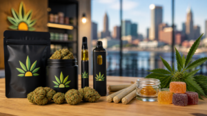 Cannabis products including flower, vape carts, pre-rolls, concentrates, and gummies displayed on a table inside a modern dispensary with a blurred city skyline in the background.