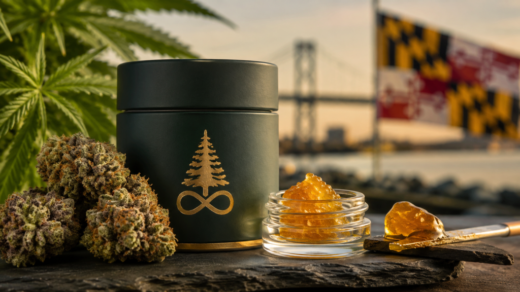Evermore Cannabis-inspired Maryland cannabis display featuring premium craft flower buds and golden live resin concentrate in glass jars, set against a scenic Maryland waterfront backdrop with warm natural lighting.