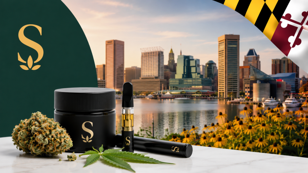 An image showcasing Savvy cannabis products, including premium flower and a vape cartridge, set against a Baltimore waterfront skyline with subtle Maryland-inspired elements, highlighting cannabis deals in Baltimore and Columbia, Maryland.