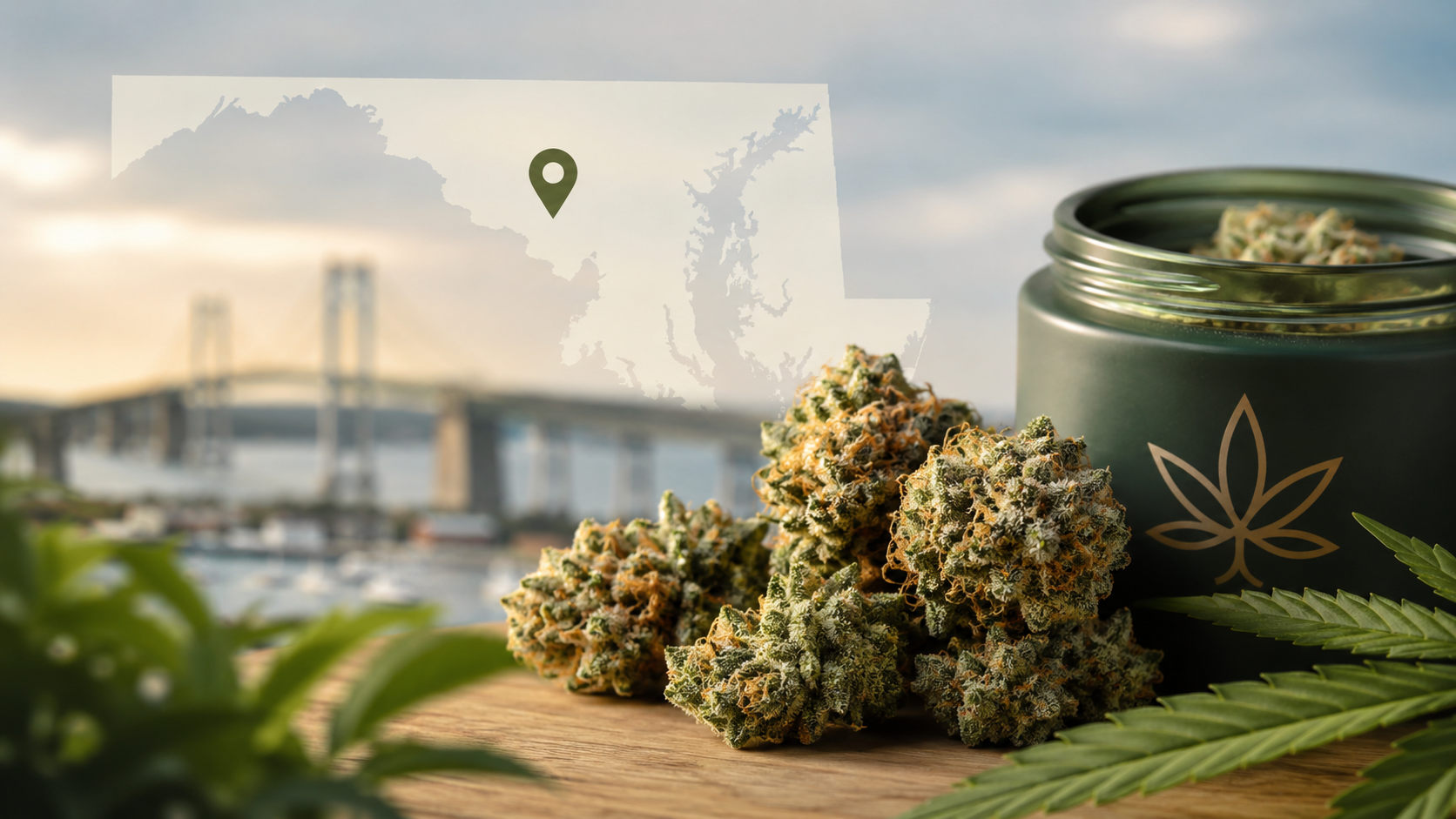 Close-up of premium cannabis flower buds displayed beside a sleek jar, with a subtle Maryland map silhouette and waterfront bridge in the background, representing affordable premium cannabis flower available in Maryland.
