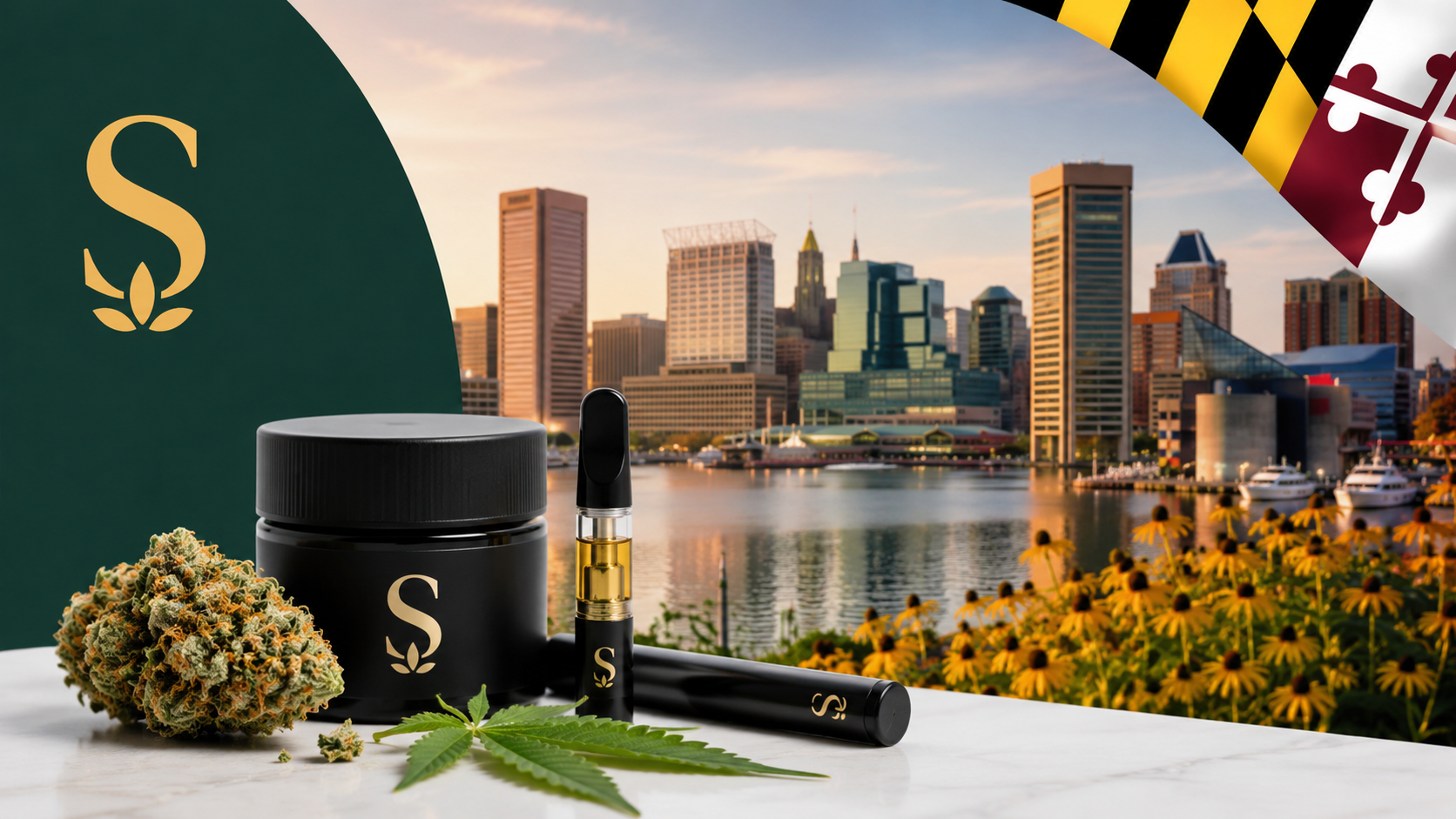 An image showcasing Savvy cannabis products, including premium flower and a vape cartridge, set against a Baltimore waterfront skyline with subtle Maryland-inspired elements, highlighting cannabis deals in Baltimore and Columbia, Maryland.