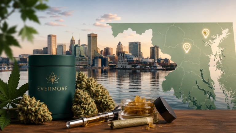 Evermore cannabis products including flower, a vape cartridge, live resin concentrate, and a pre-roll displayed in front of the Baltimore skyline with a Maryland map highlighting Baltimore and Columbia.