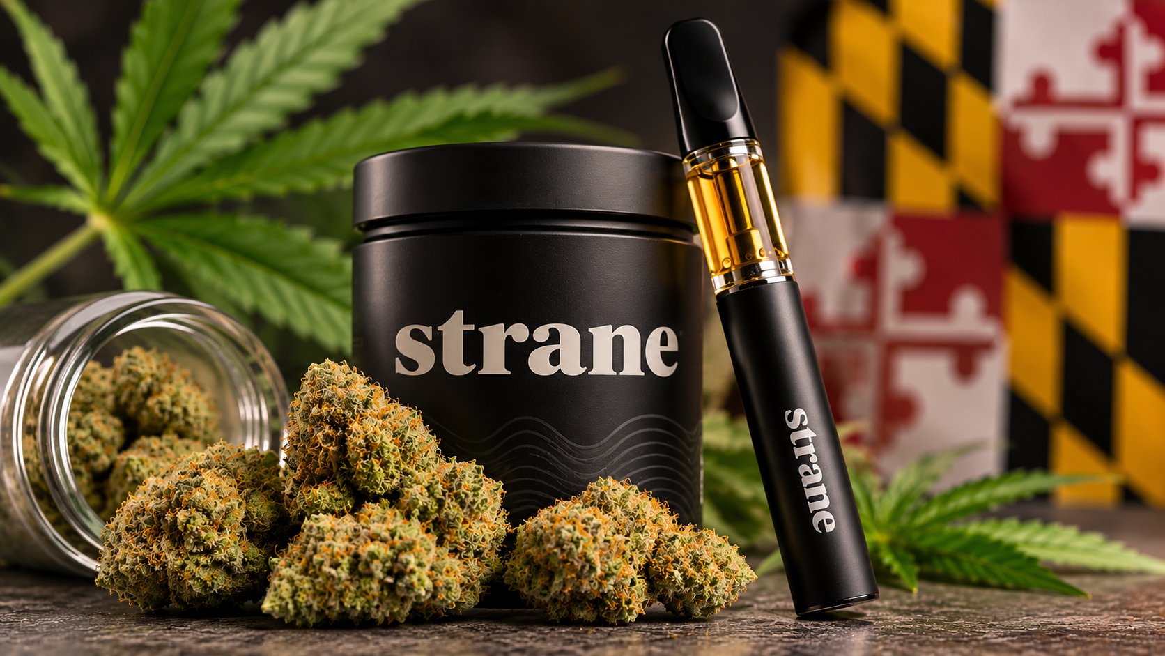 Close-up of premium cannabis flower buds, an unbranded black cannabis container, and a vape cartridge with amber oil against a blurred Maryland-inspired background, illustrating a review of cannabis flower and vape products.