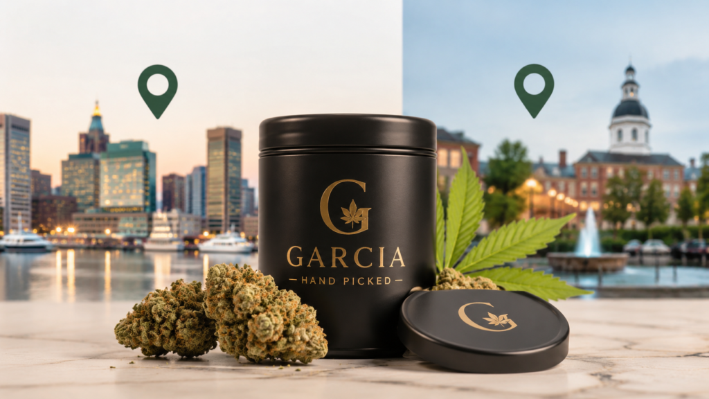 Garcia Hand Picked cannabis jar and flower buds with Baltimore and Columbia cityscapes in the background.