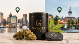 Garcia Hand Picked cannabis jar and flower buds with Baltimore and Columbia cityscapes in the background.