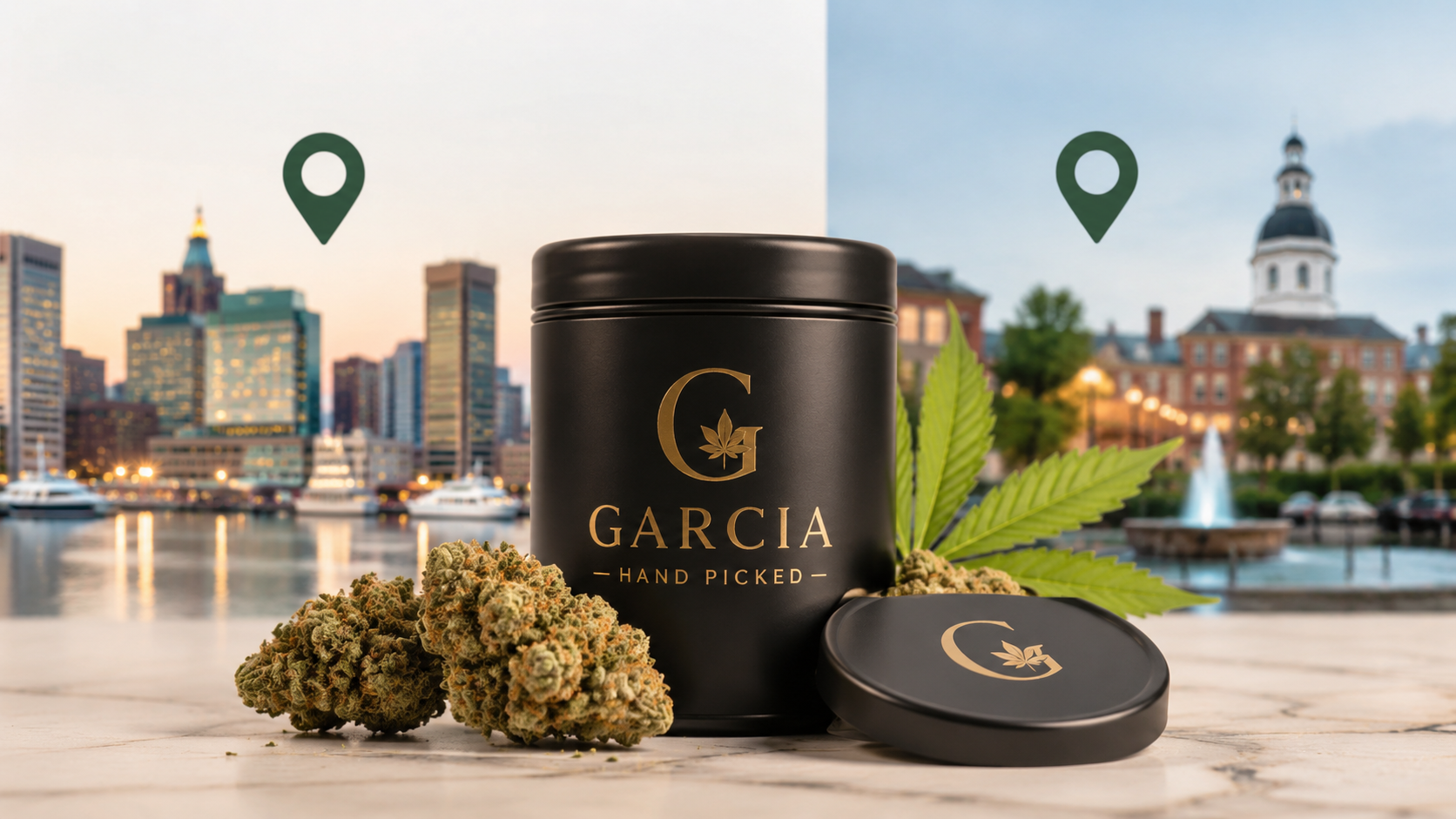 Garcia Hand Picked cannabis jar and flower buds with Baltimore and Columbia cityscapes in the background.