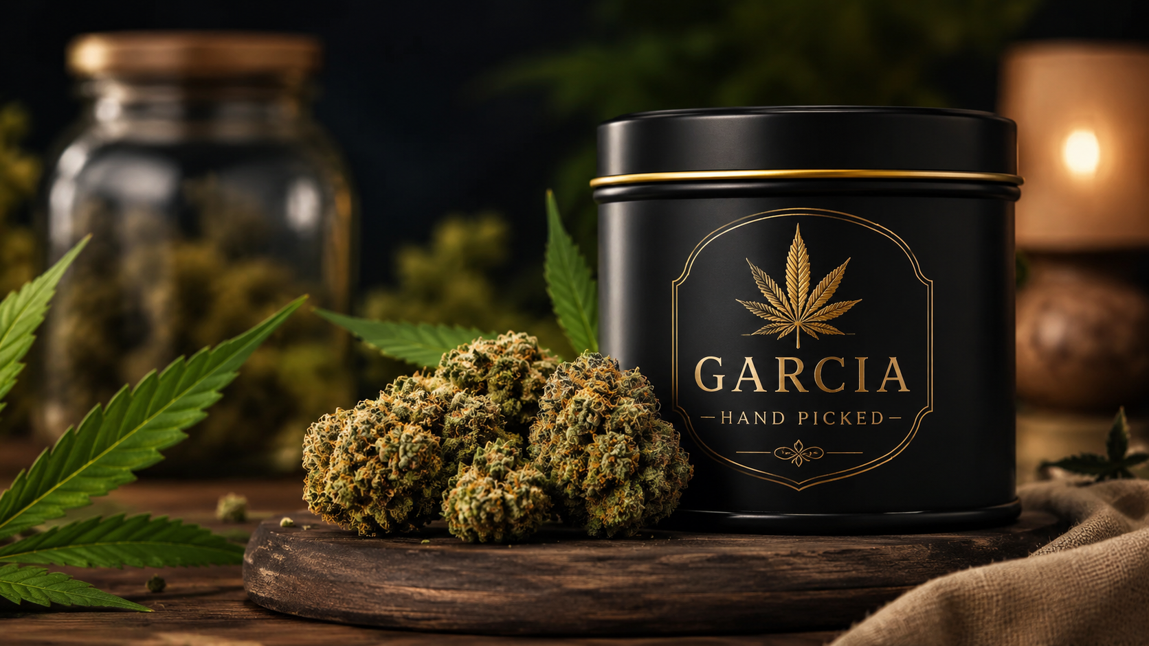 Garcia Hand Picked cannabis buds and premium black-and-gold packaging displayed in a warm, upscale setting.