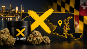 Strane cannabis products with Maryland map and iconic yellow X.