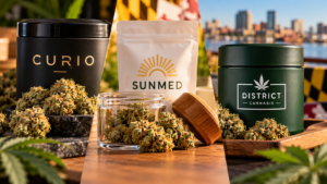 Curio, SunMed, and District Cannabis products displayed side by side with cannabis flower for a Maryland cannabis brand comparison.