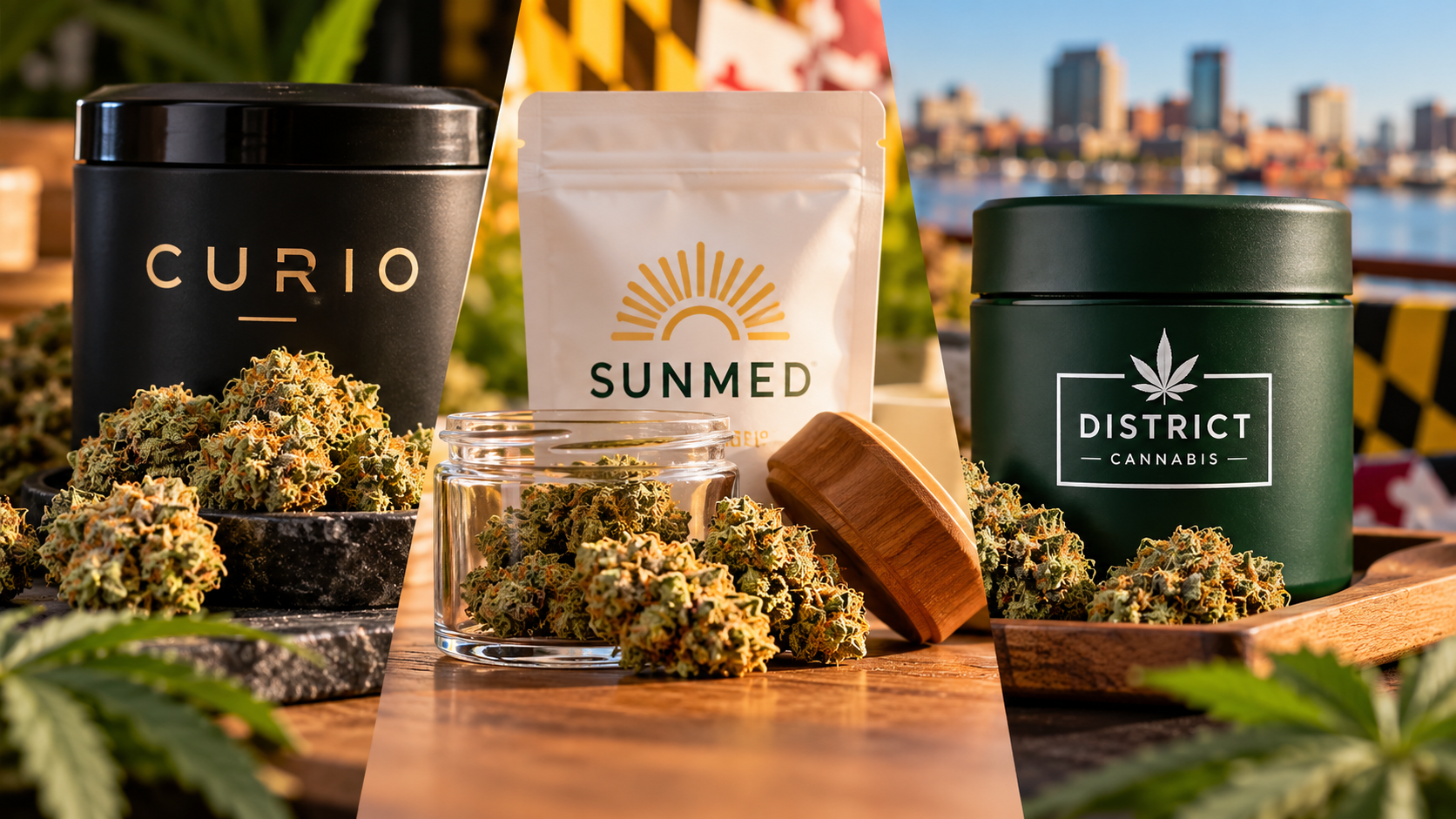 Curio, SunMed, and District Cannabis products displayed side by side with cannabis flower for a Maryland cannabis brand comparison.