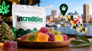 Incredibles THC gummies with cannabis flower and Maryland-themed graphics, highlighting top edibles available in Maryland.