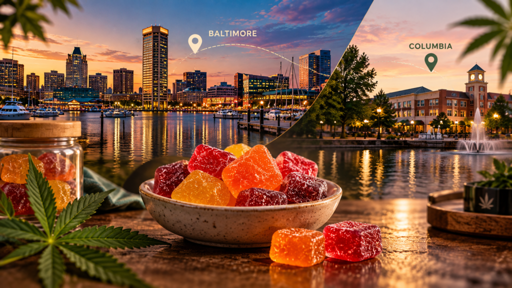 Incredibles cannabis gummies in a bowl with Baltimore and Columbia city scenes in the background.