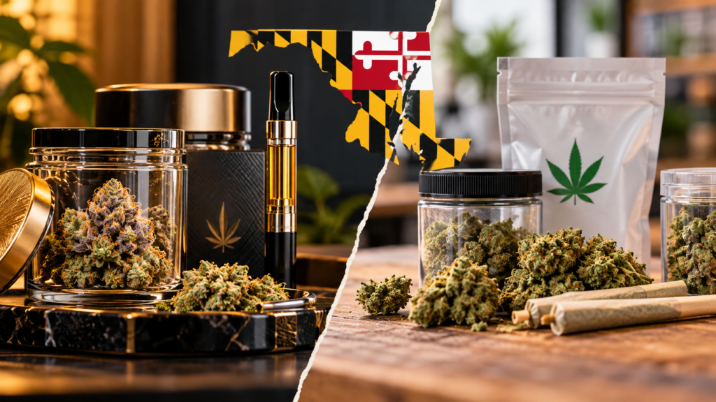 Premium vs. value cannabis brands in Maryland, comparing high-end cannabis flower and gold-accented packaging with budget-friendly cannabis jars, flower, and pre-rolls, featuring Maryland flag colours.