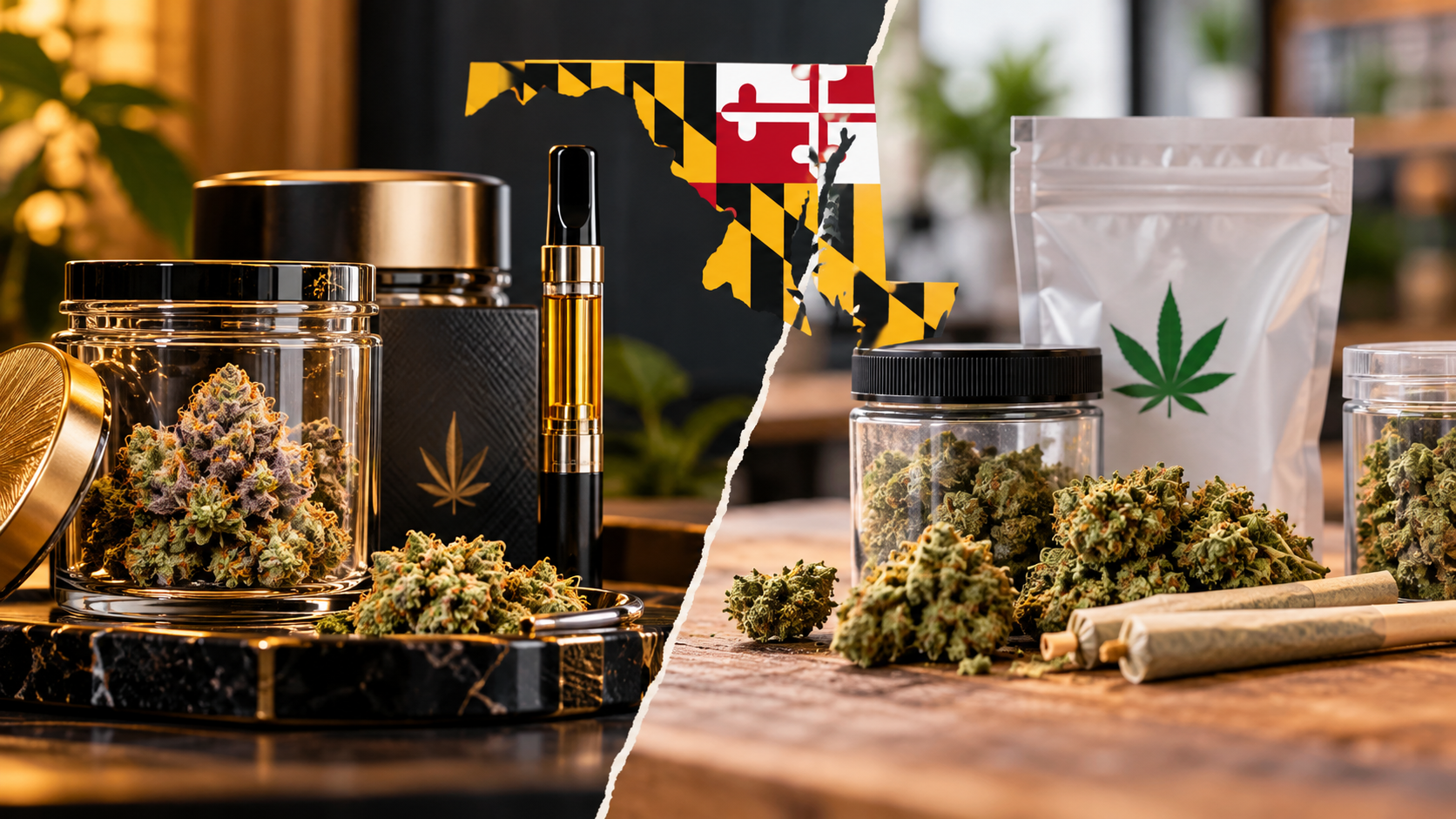 Premium vs. value cannabis brands in Maryland, comparing high-end cannabis flower and gold-accented packaging with budget-friendly cannabis jars, flower, and pre-rolls, featuring Maryland flag colours.