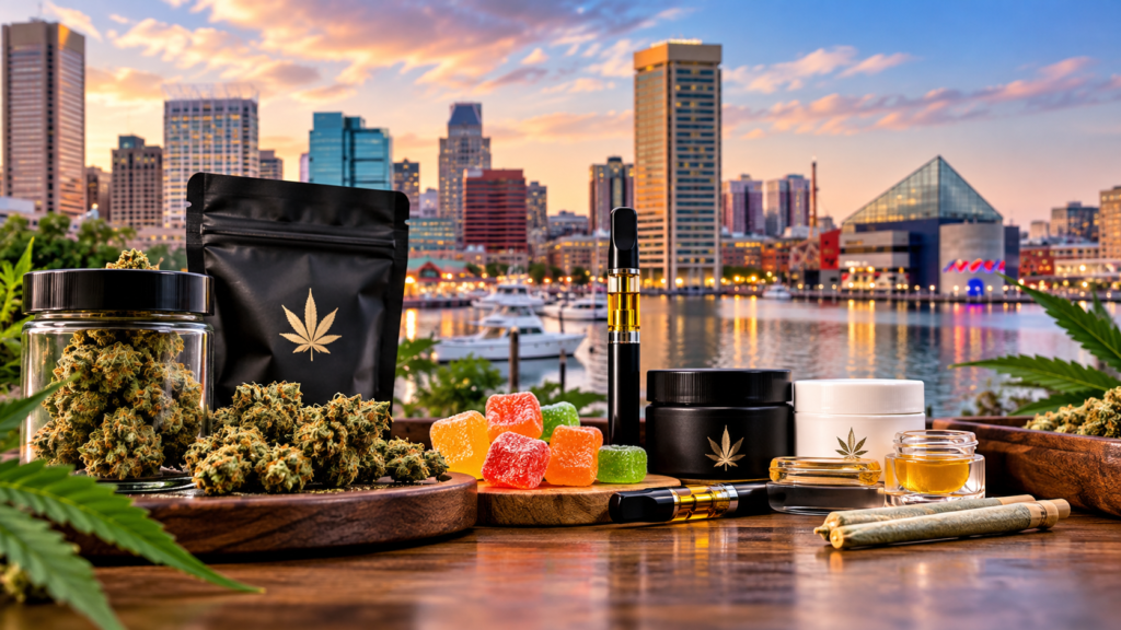 Cannabis flower, pre-rolls, vape cartridges, edibles, and concentrates displayed alongside branded packaging against the Baltimore Inner Harbor skyline at sunset.